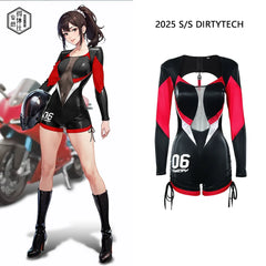 Black and Red One-Piece Spandex Race Queen Bodysuit Cotume with Sheer Mesh-1