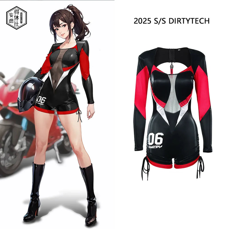 Black and Red One-Piece Spandex Race Queen Bodysuit Cotume with Sheer Mesh-1