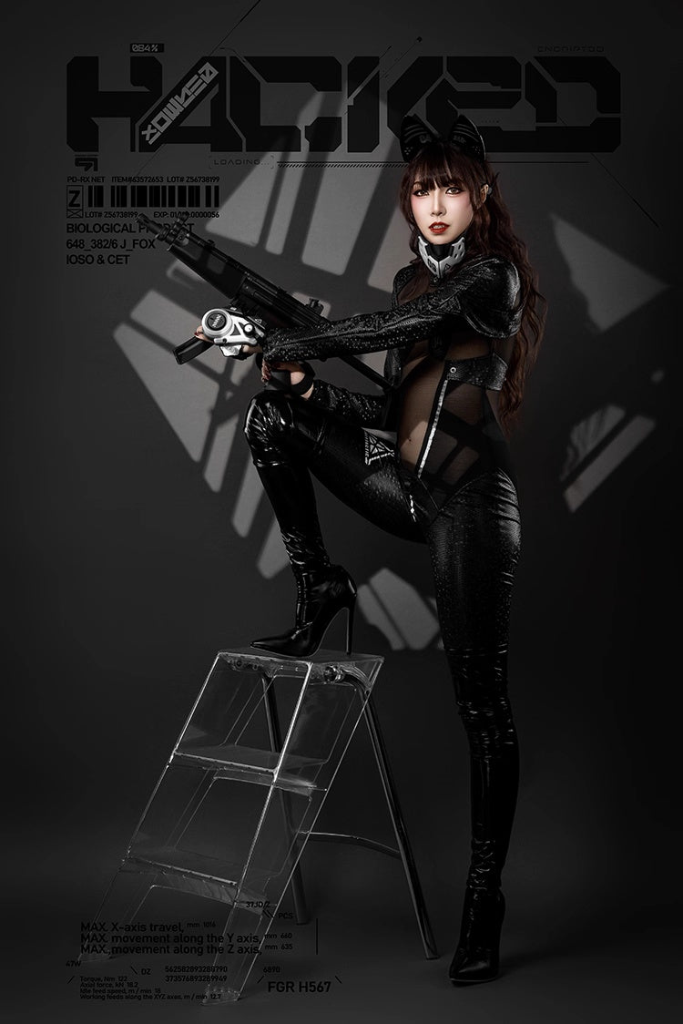Tactical Anime Girl PU Leather Sheer Mesh Sexy Open Crotch Cosplay Full Bodysuit Costume-9