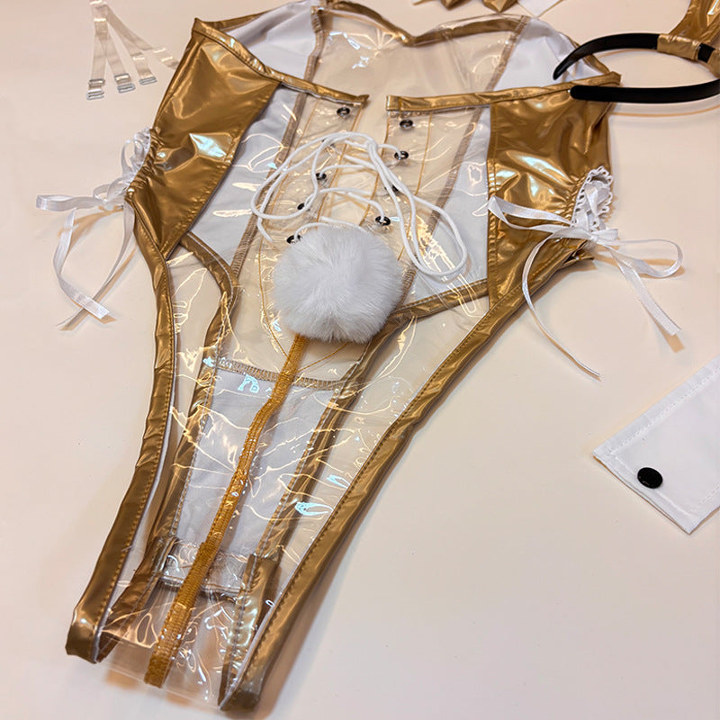 Bunny Girl PU Leather See Through Cosplay Bodysuit Costume Lingerie with Stockings-22