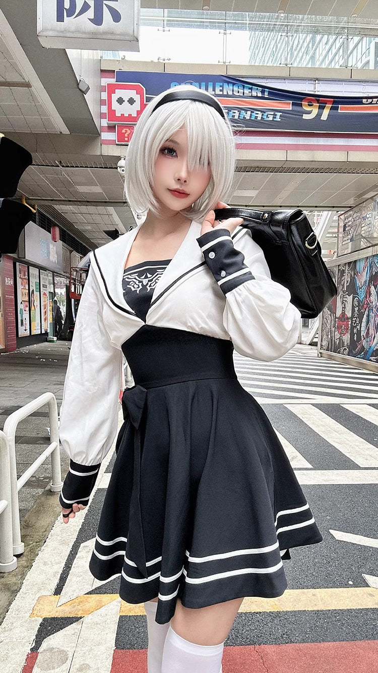2B Cosplay Dress Halloween Costume Set Anime Sailor Style Costume-4