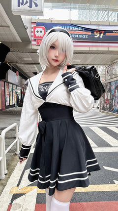 2B Cosplay Dress Halloween Costume Set Anime Sailor Style Costume-4