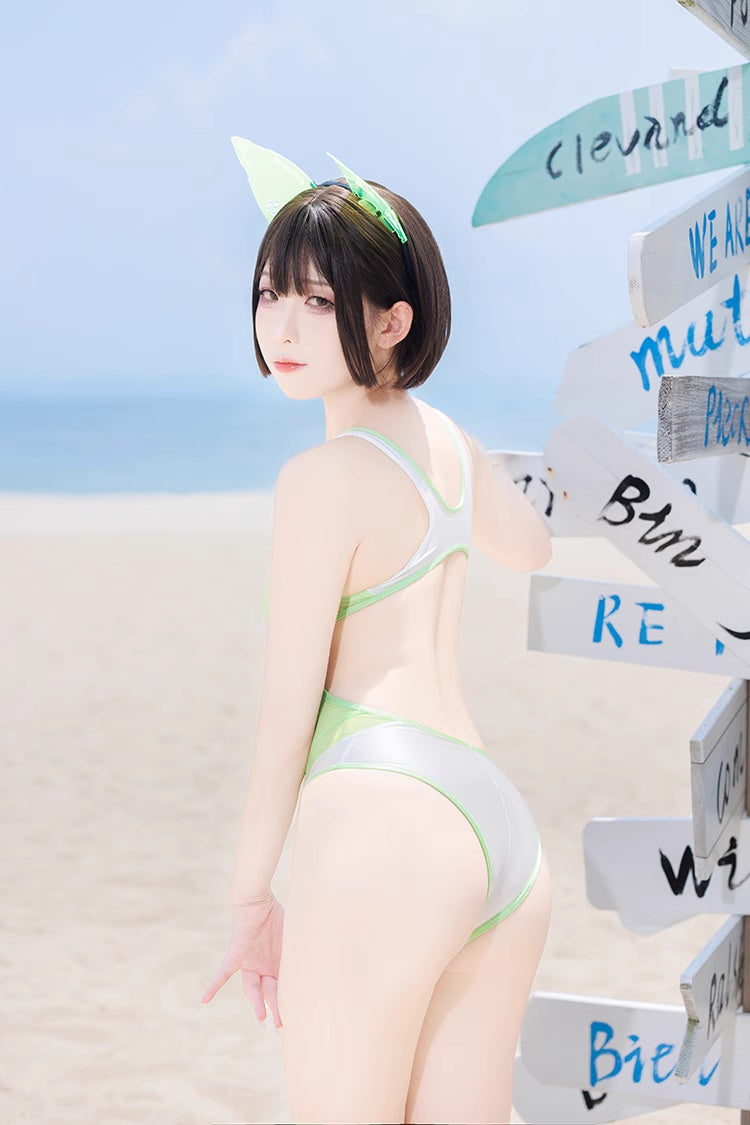 Anime Style One-piece Sexy Racing Swimsuit with Mesh Sheer Dual-color Design-9
