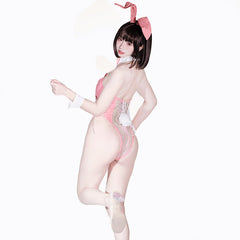 Bunny Girl PU Leather See Through Cosplay Bodysuit Costume Lingerie with Stockings-13