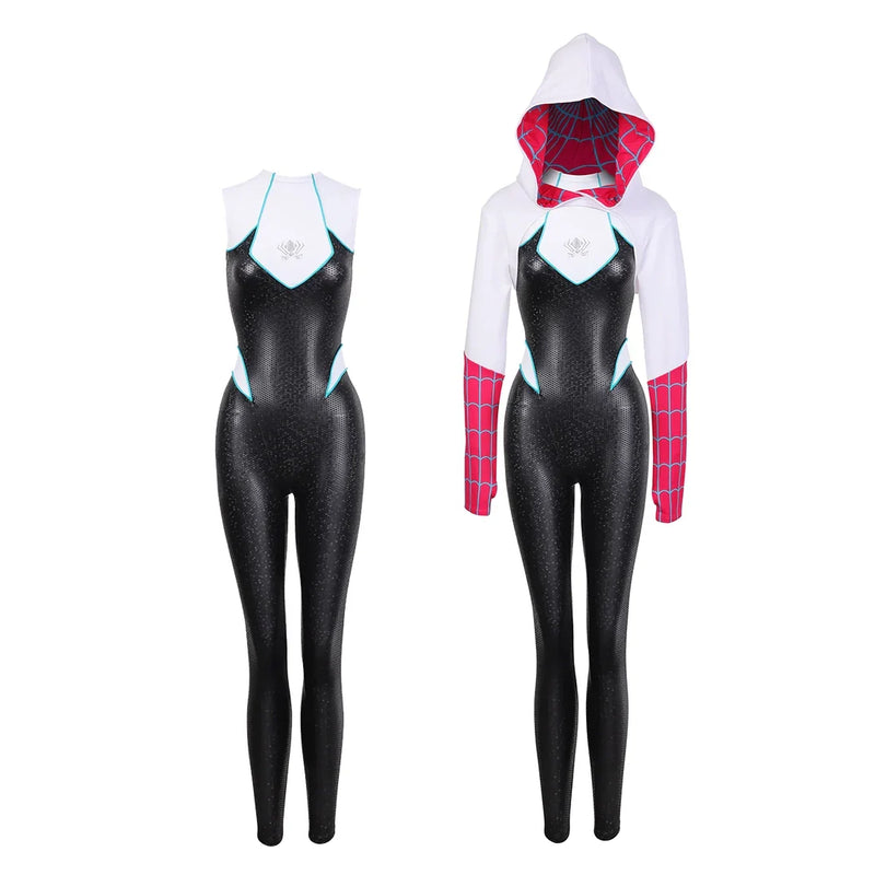 Woman Super Hero Spandex Pu Leather Cosplay Halloween Costume Bodysuit with Jacket-2