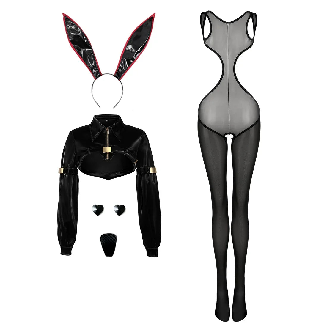 Bunny Girl Sexy Cute Costume PU Jacket Sheer Stockings Cosplay Lingerie Set-8