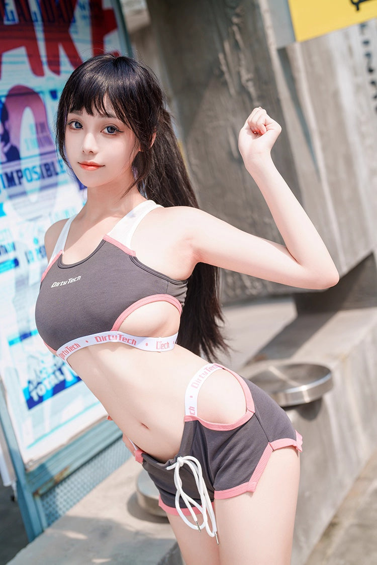 Anime Style Boxing Running Sexy Sports Activewear Set Hollow Tank Top with Shorts-20