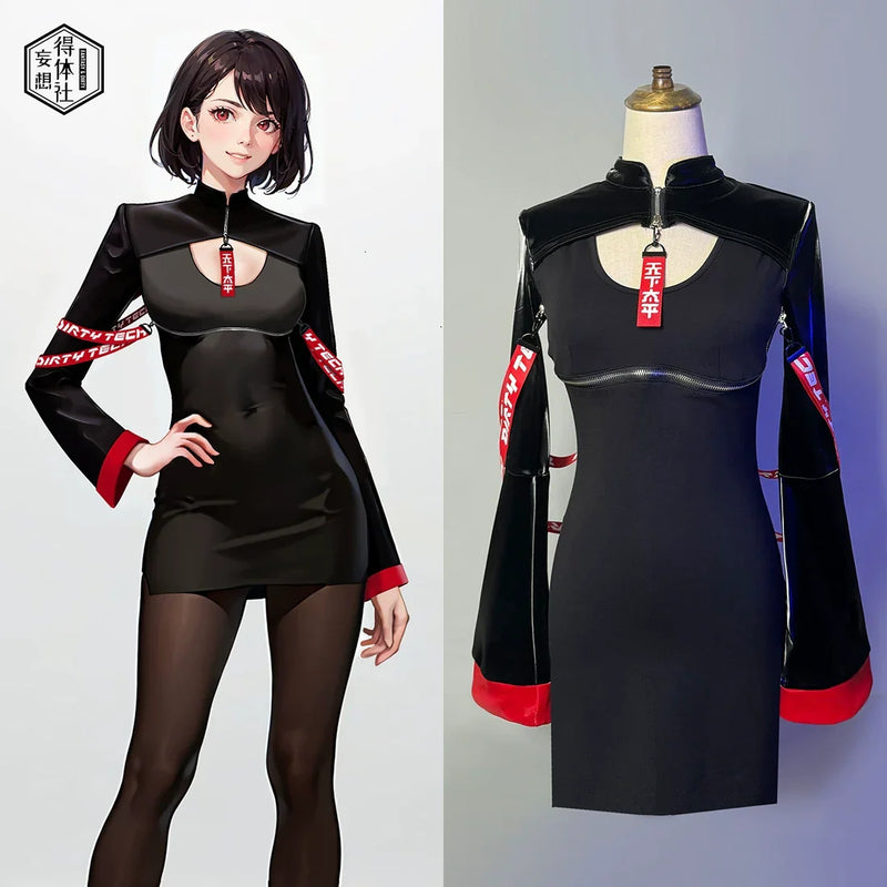 Anime Style Black and White Witch Spandex PU Leather Short Dress with Bust Zipper-16