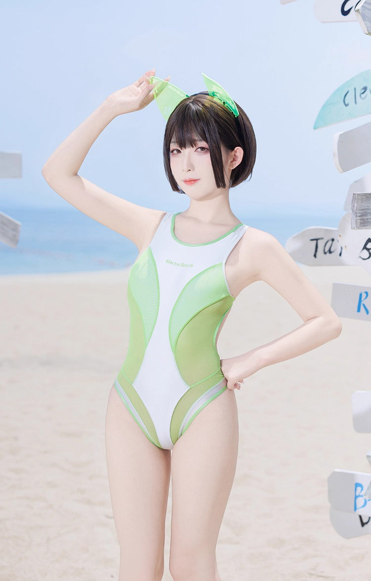 Anime Style One-piece Sexy Racing Swimsuit with Mesh Sheer Dual-color Design-6