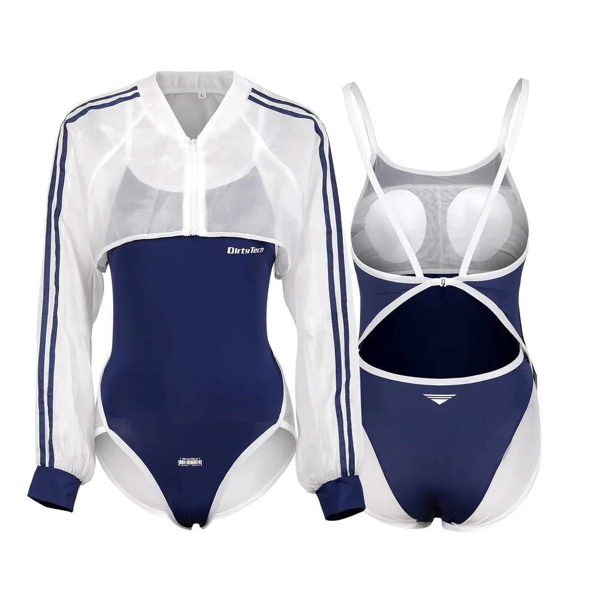 Anime Style Blue Spandex One-piece Swimsuit with Sheer Crop Jacket and Stockings-3