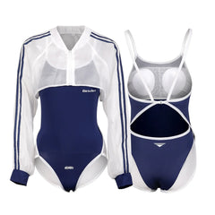 Anime Style Blue Spandex One-piece Swimsuit with Sheer Crop Jacket and Stockings-3
