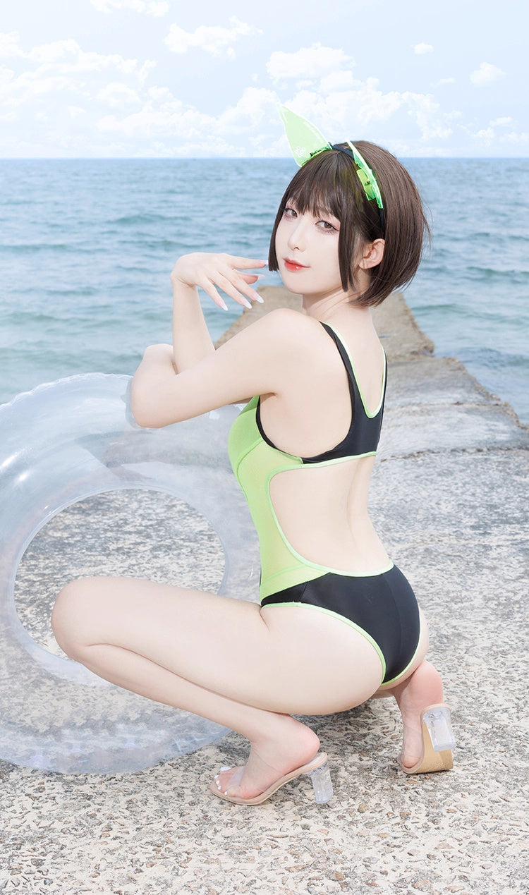 Anime Style One-piece Sexy Racing Swimsuit with Mesh Sheer Dual-color Design-11