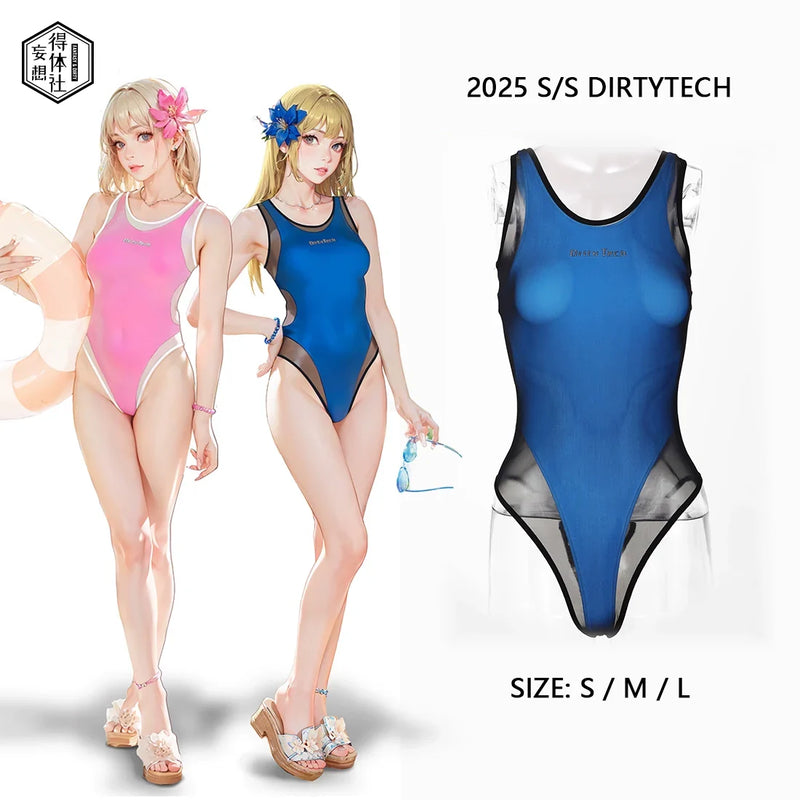 Anime Tropical Style One-piece Swimsuit with Mesh Sheer Overlay Summer Swimwear-1