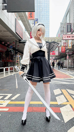 2B Cosplay Dress Halloween Costume Set Anime Sailor Style Costume-5
