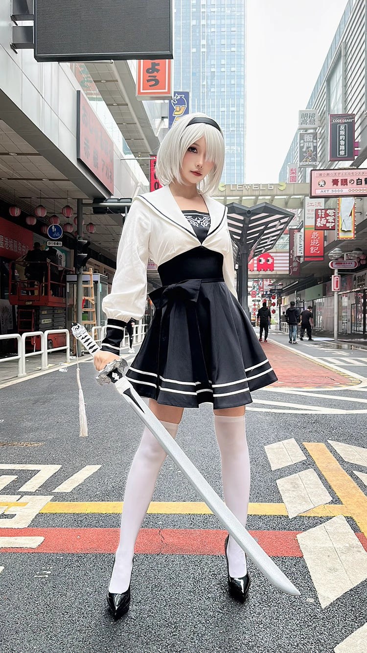 2B Cosplay Dress Halloween Costume Set Anime Sailor Style Costume-5