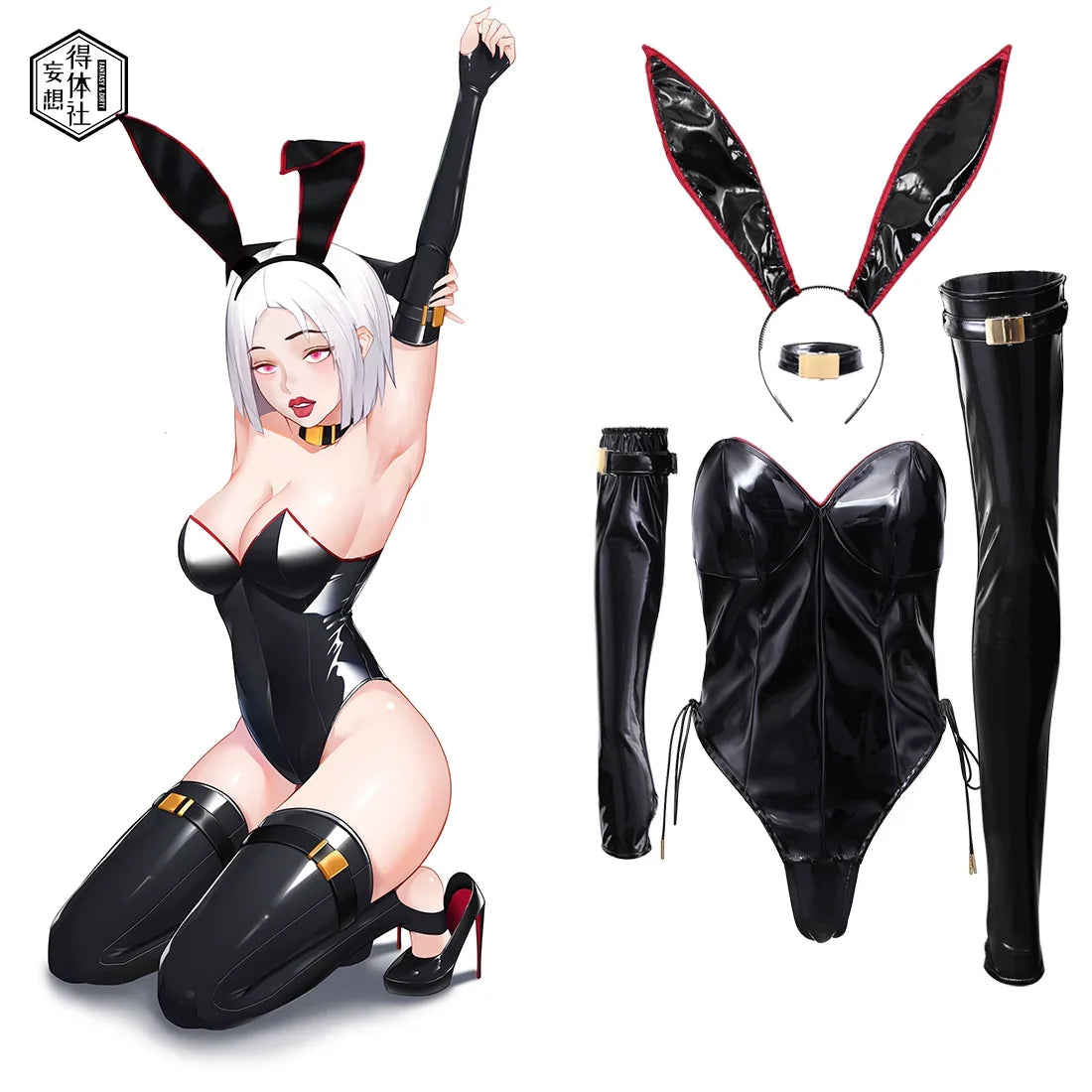PU Leather Bound Bunny Strapless Bunny Girl Cosplay Costume Sexy Open Crotch Lingerie-1