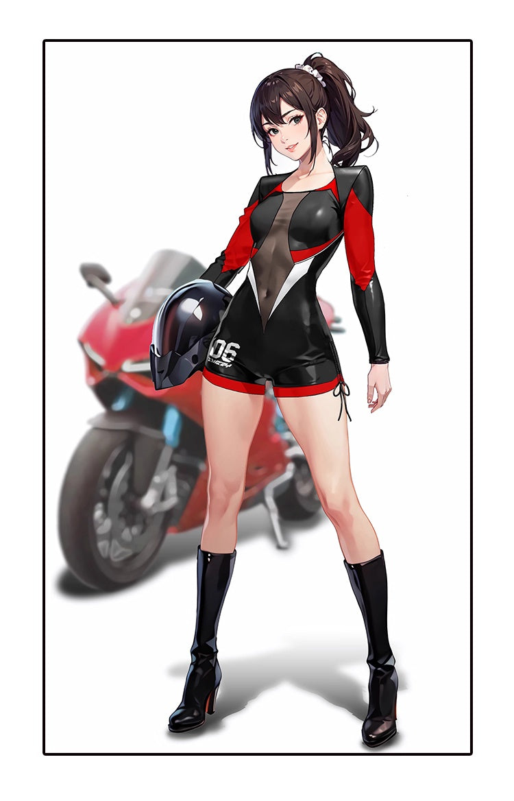 Black and Red One-Piece Spandex Race Queen Bodysuit Cotume with Sheer Mesh-2