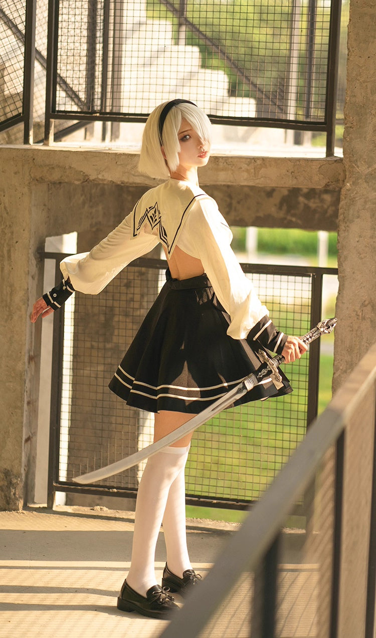 2B Cosplay Dress Halloween Costume Set Anime Sailor Style Costume-10