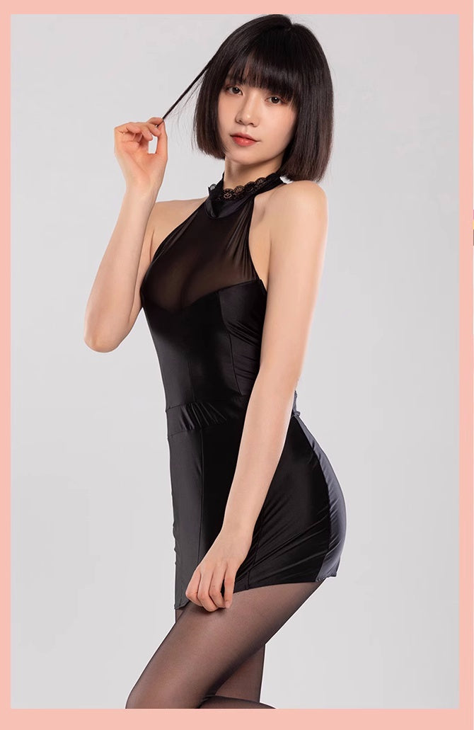 Satin Spandex Halter Sleeveless Short Dress Lingerie-7