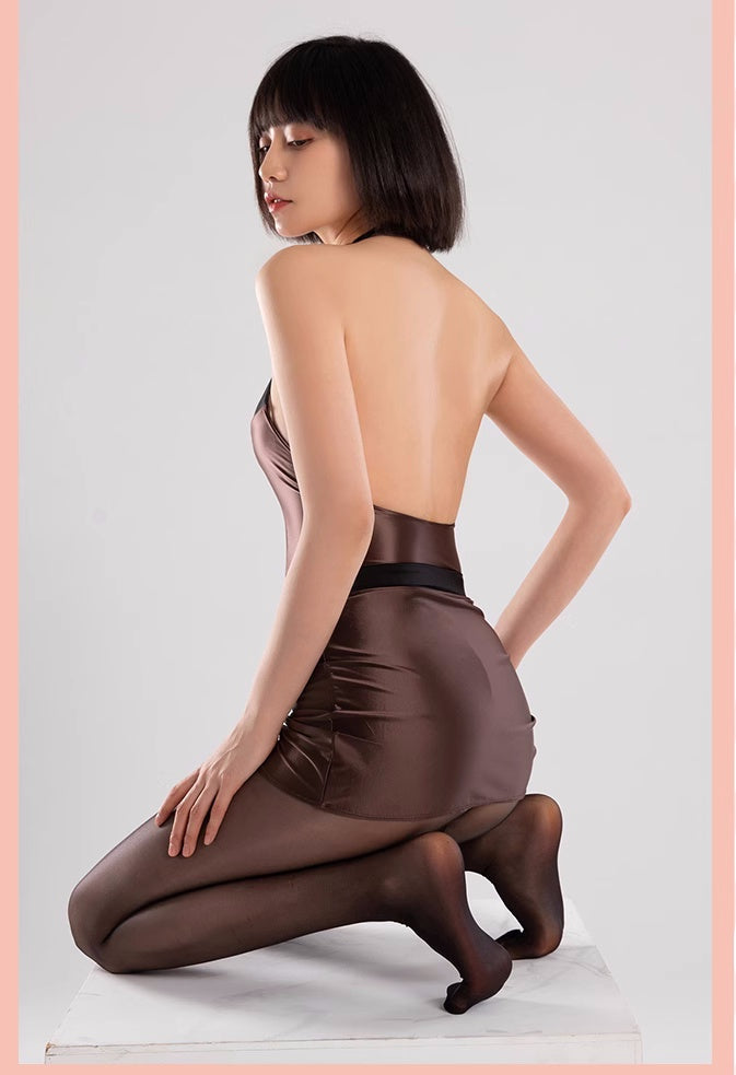 Satin Spandex Halter Sleeveless Short Dress Lingerie-13