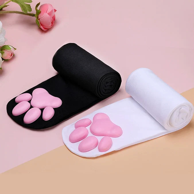 100D Knee Stockings with 3D Cute Cat Paw Paddings Anime Style Velvet Stockings-2