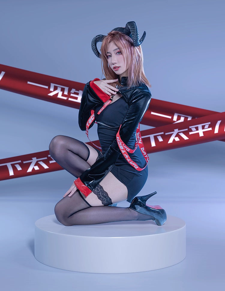Anime Style Black and White Witch Spandex PU Leather Short Dress with Bust Zipper-5