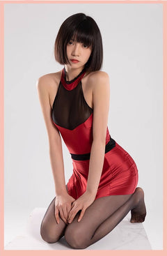 Satin Spandex Halter Sleeveless Short Dress Lingerie-11