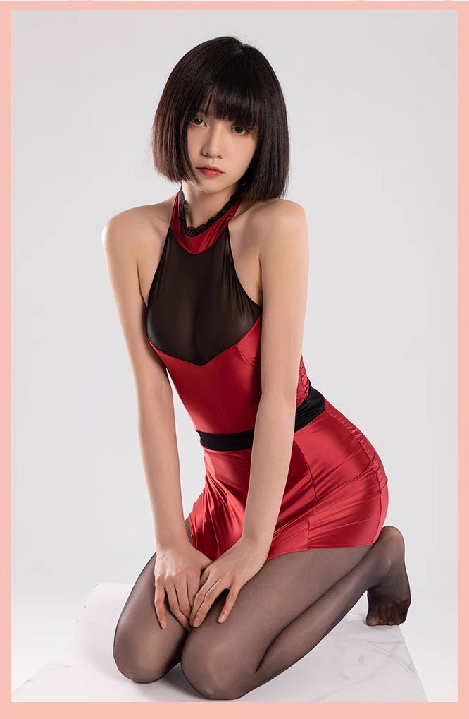 Satin Spandex Halter Sleeveless Short Dress Lingerie-11