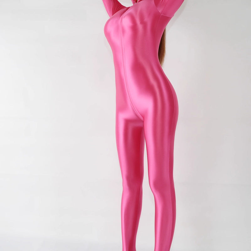 Extra Long Front Triple-Zipper Spandex Nylon Full Bodysuit Zentai Shinny Jumpsuit-11