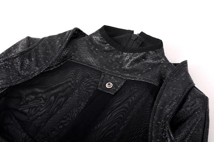 Tactical Anime Girl PU Leather Sheer Mesh Sexy Open Crotch Cosplay Full Bodysuit Costume-12