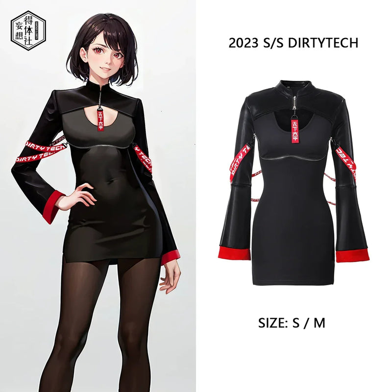 Anime Style Black and White Witch Spandex PU Leather Short Dress with Bust Zipper-1