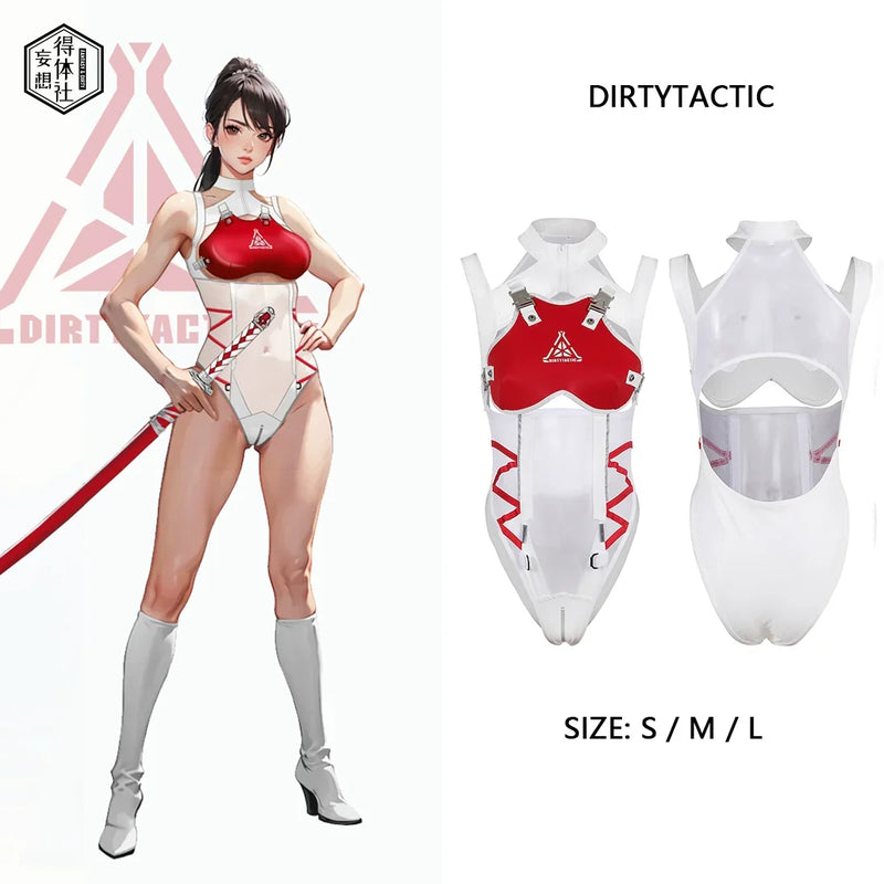 Tactical Anime Girl PU Leather Sheer Mesh Sexy Cosplay Bodysuit Costume White-1