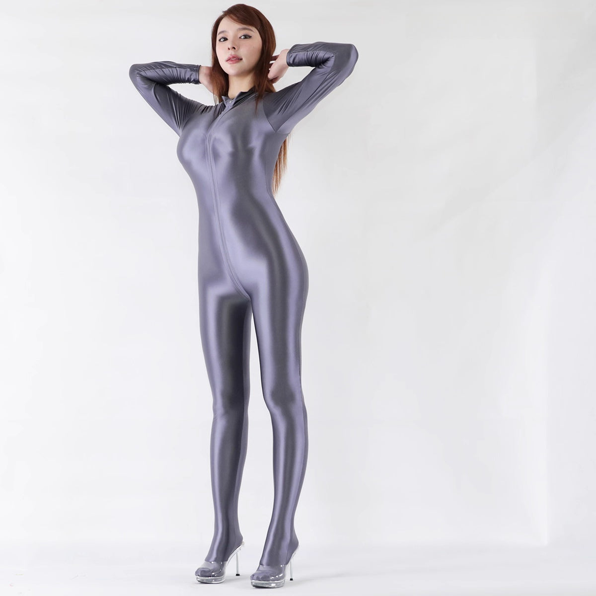Extra Long Front Triple-Zipper Spandex Nylon Full Bodysuit Zentai Shinny Jumpsuit-8