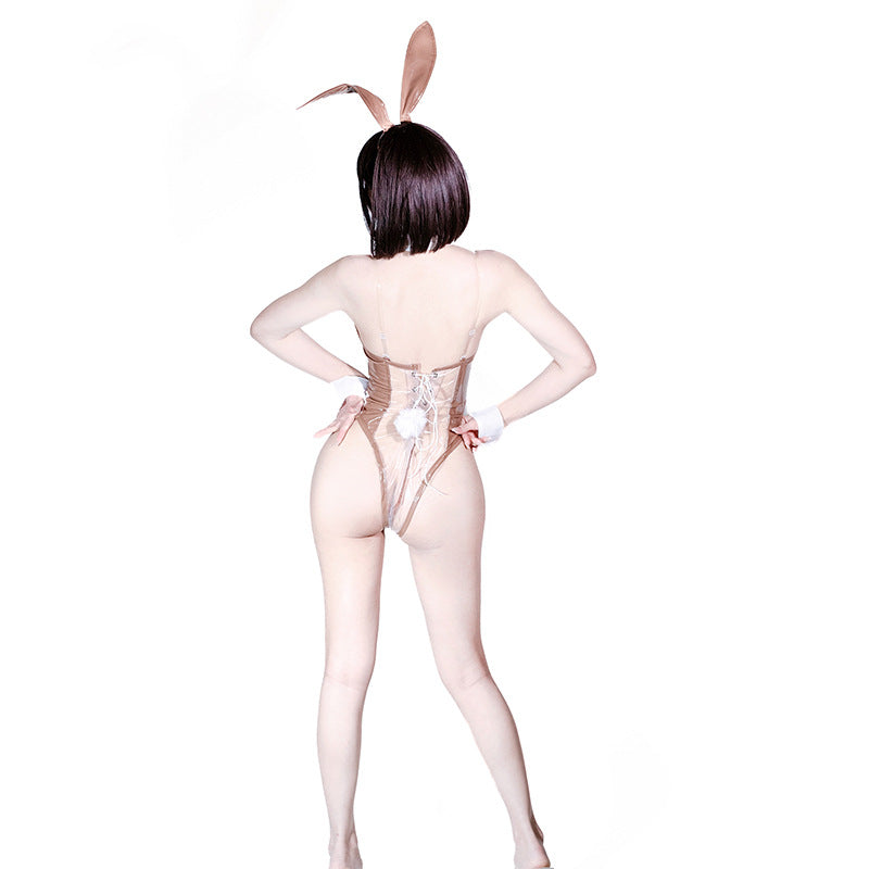 Bunny Girl PU Leather See Through Cosplay Bodysuit Costume Lingerie with Stockings-15