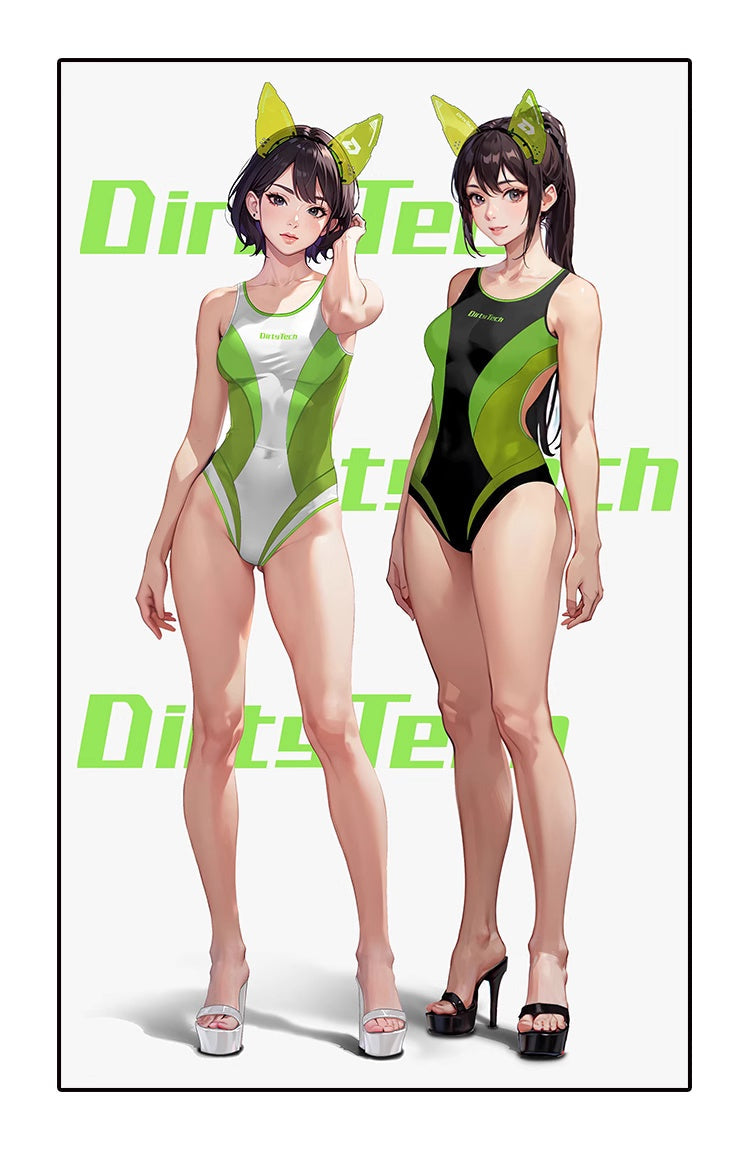 Anime Style One-piece Sexy Racing Swimsuit with Mesh Sheer Dual-color Design-2