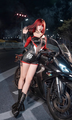 Black and Red One-Piece Spandex Race Queen Bodysuit Cotume with Sheer Mesh-11