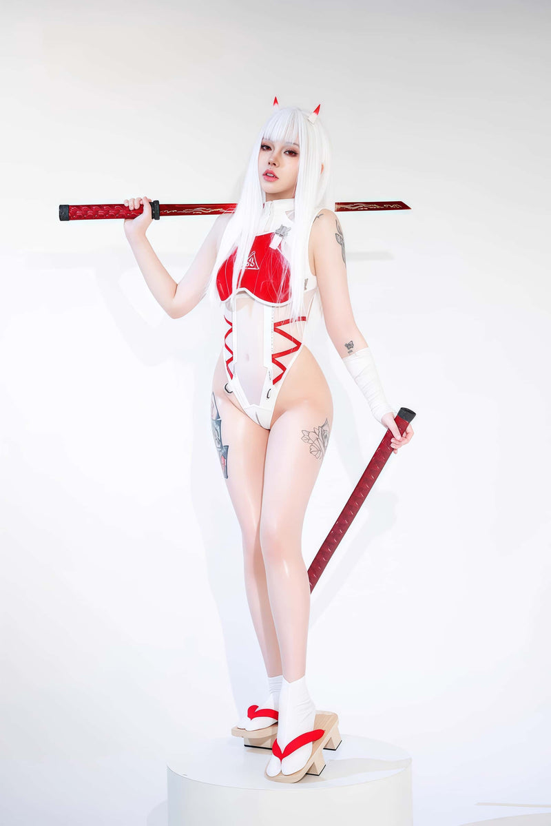 Tactical Anime Girl PU Leather Sheer Mesh Sexy Cosplay Bodysuit Costume White-3