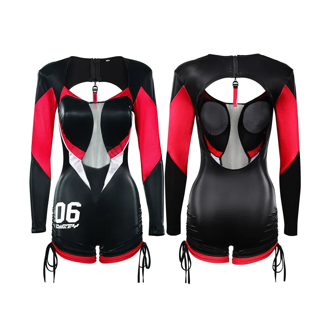 Black and Red One-Piece Spandex Race Queen Bodysuit Cotume with Sheer Mesh-3