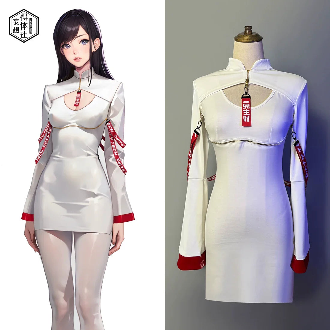 Anime Style Black and White Witch Spandex PU Leather Short Dress with Bust Zipper-15