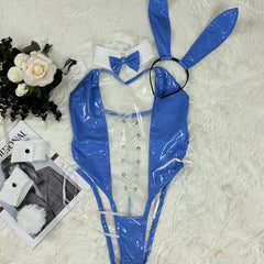 Bunny Girl PU Leather See Through Cosplay Bodysuit Costume Lingerie with Stockings-19