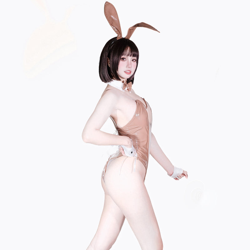 Bunny Girl PU Leather See Through Cosplay Bodysuit Costume Lingerie with Stockings-16