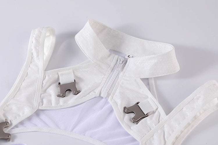 Tactical Anime Girl PU Leather Sheer Mesh Sexy Cosplay Bodysuit Costume White-10