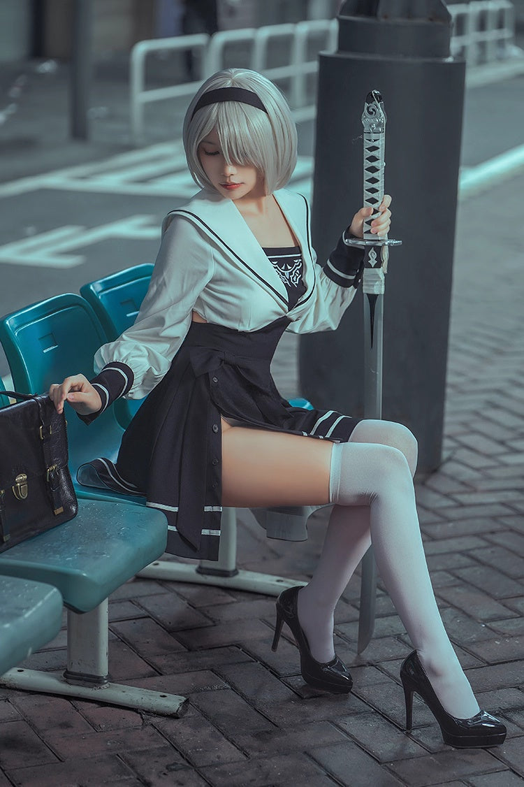 2B Cosplay Dress Halloween Costume Set Anime Sailor Style Costume-9
