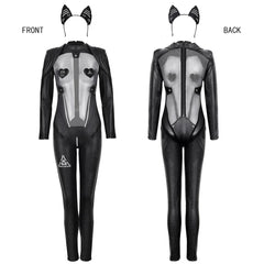 Tactical Anime Girl PU Leather Sheer Mesh Sexy Open Crotch Cosplay Full Bodysuit Costume-2