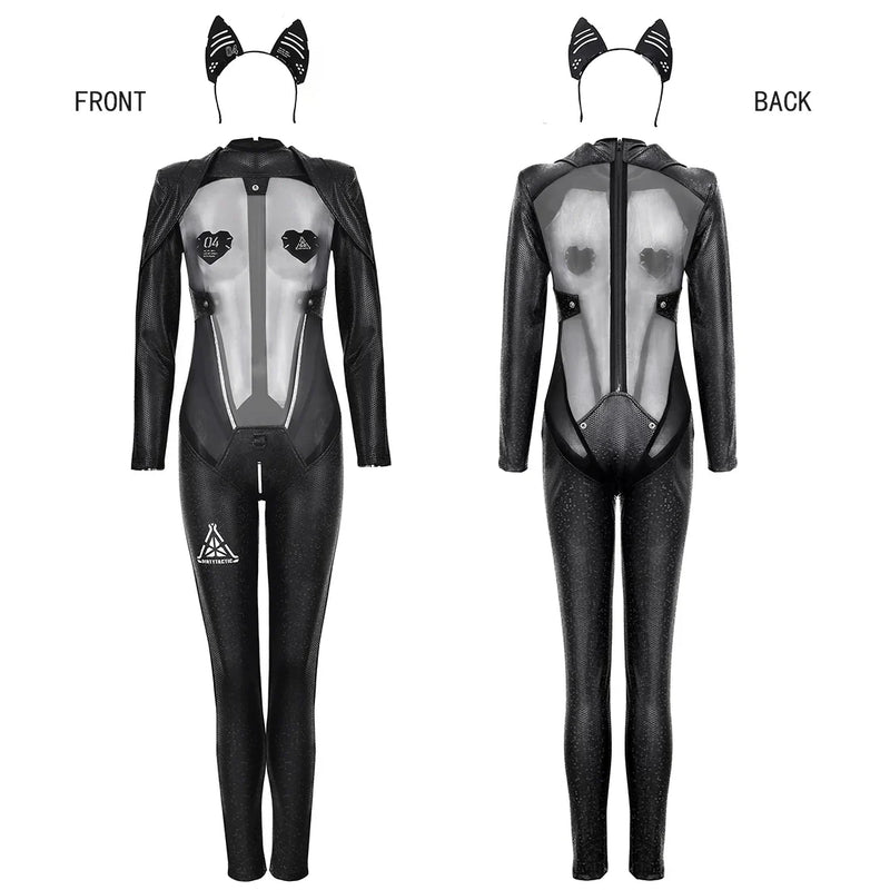 Tactical Anime Girl PU Leather Sheer Mesh Sexy Open Crotch Cosplay Full Bodysuit Costume-2