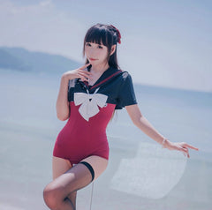 Japanese Anime Sailor Style Two-Piece Uniform Swimsuit Set with Bandage Design-13