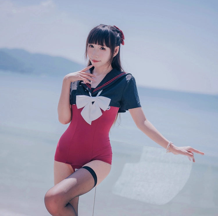 Japanese Anime Sailor Style Two-Piece Uniform Swimsuit Set with Bandage Design-13