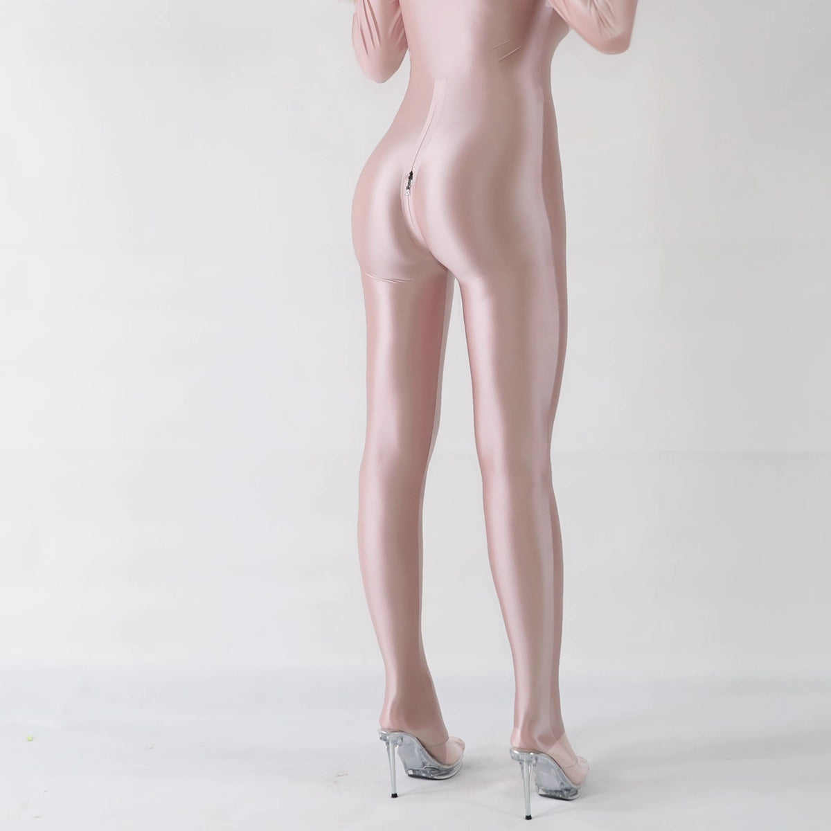 Extra Long Front Triple-Zipper Spandex Nylon Full Bodysuit Zentai Shinny Jumpsuit-16