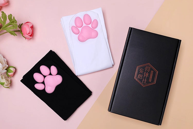 100D Knee Stockings with 3D Cute Cat Paw Paddings Anime Style Velvet Stockings-10