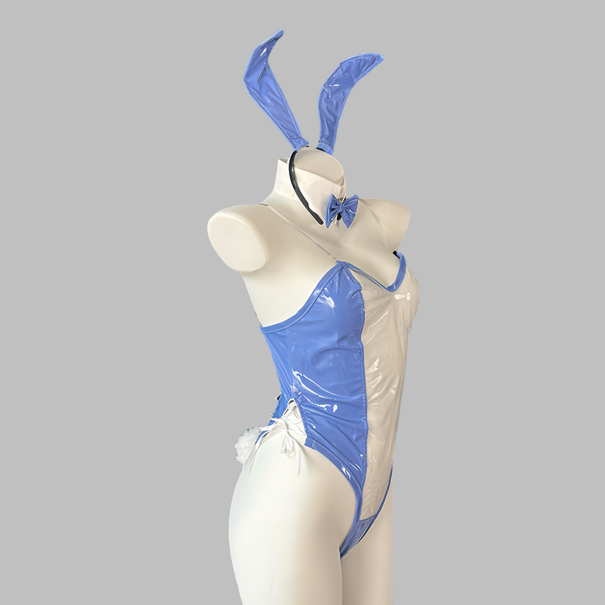 Bunny Girl PU Leather See Through Cosplay Bodysuit Costume Lingerie with Stockings-4